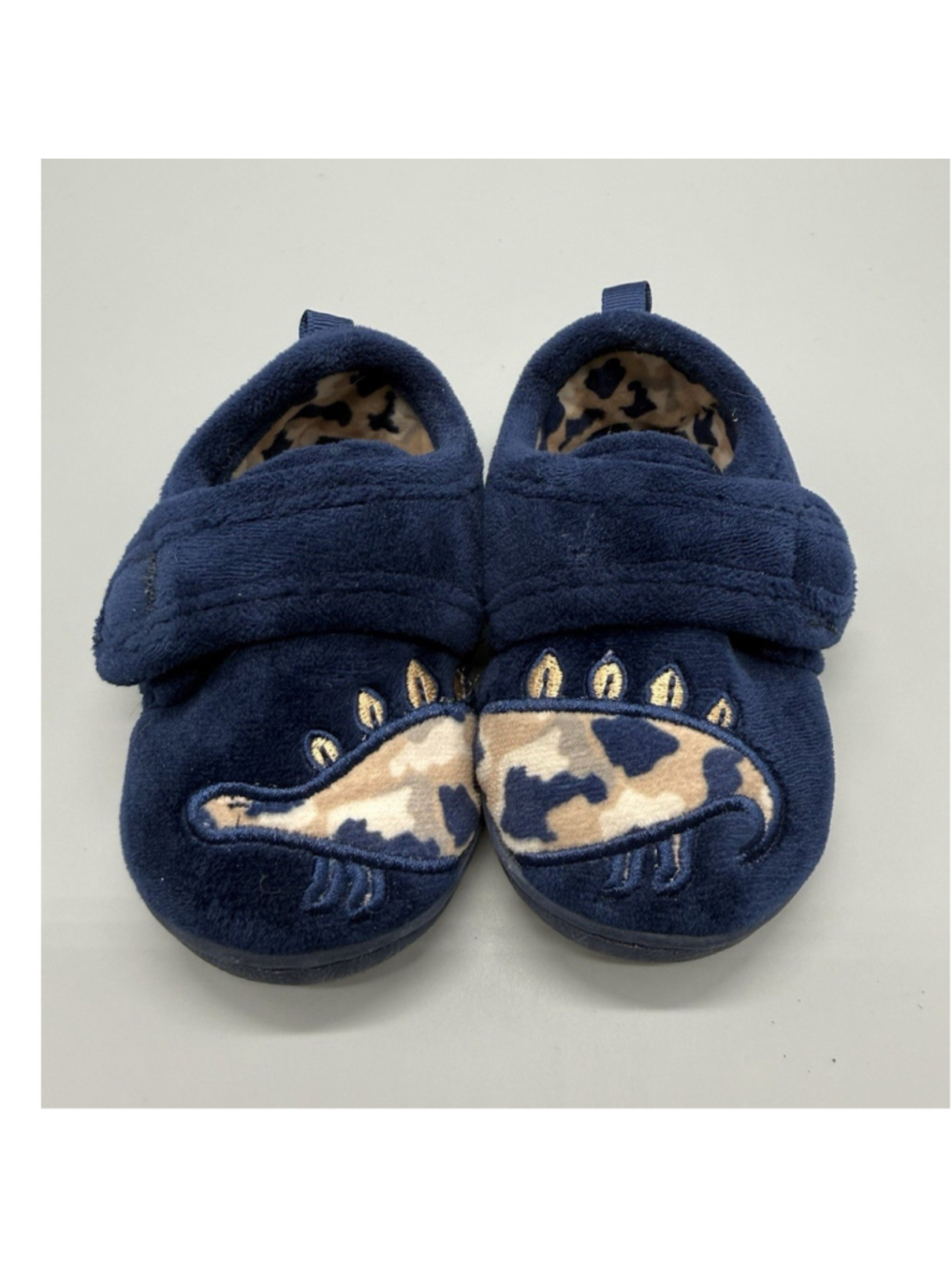 Wonder Nation Dinosaur Fleece Slippers Navy Hook & Loop Unisex Baby Size 4